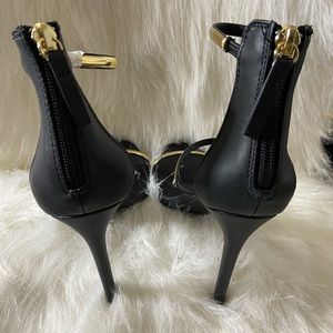 Bebe Berdine Black with Gold Straps Sexy Heels